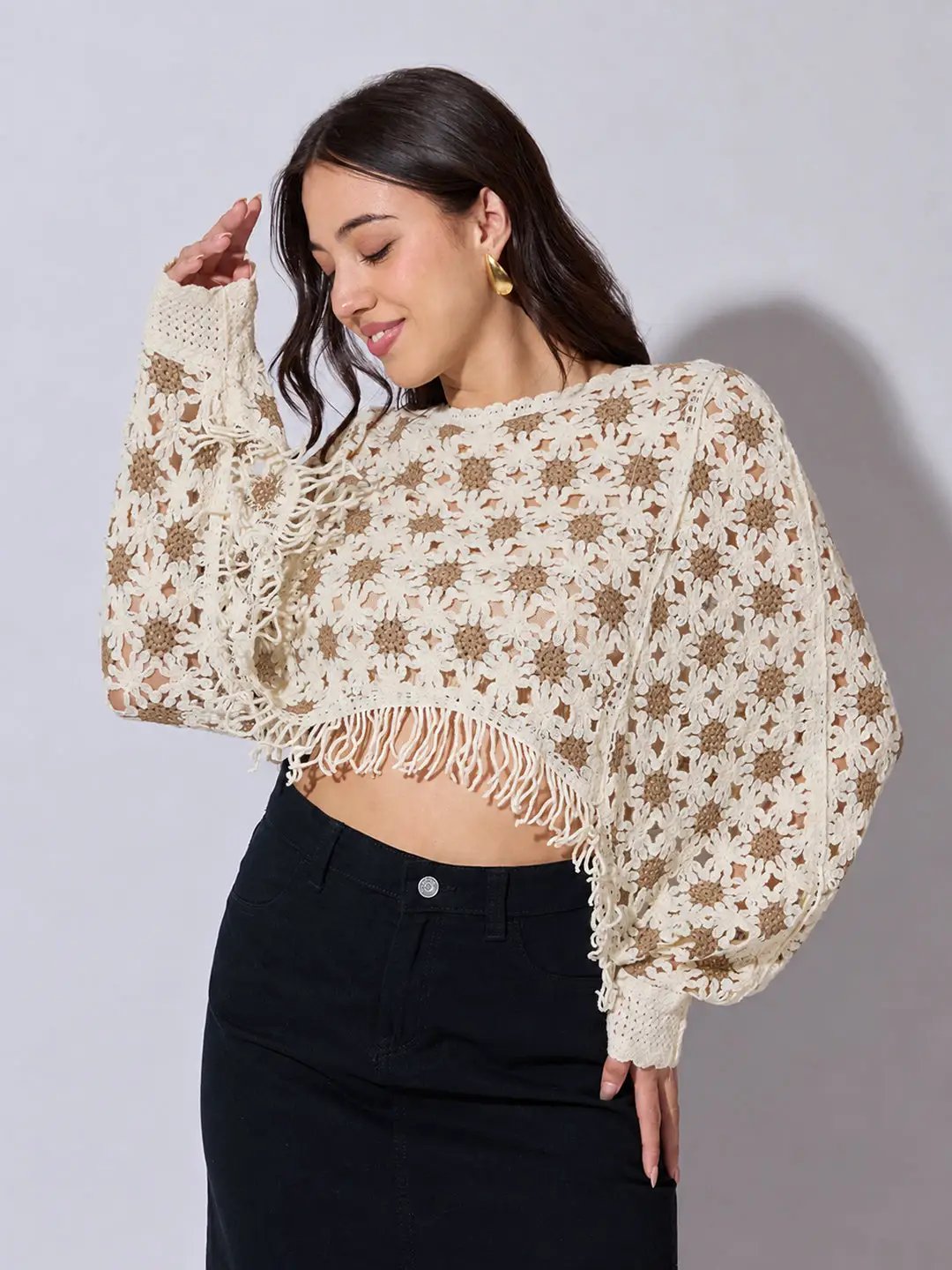 Women's Beige Crochet Crop Top with Fringe Hem