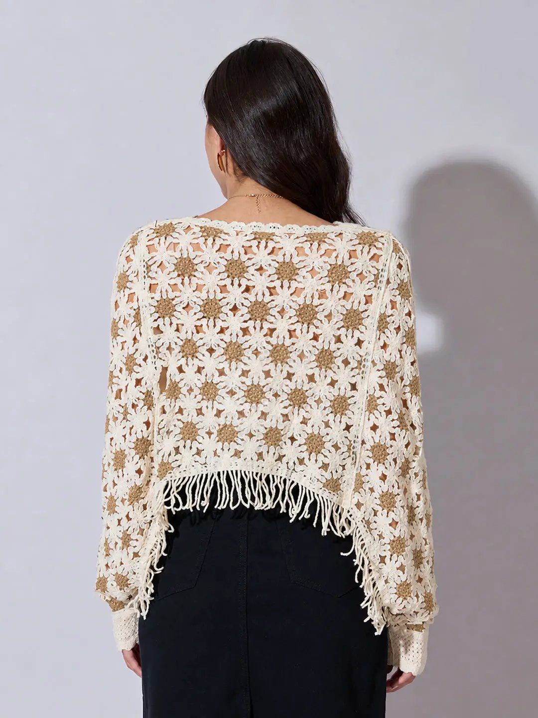 Women's Beige Crochet Crop Top with Fringe Hem