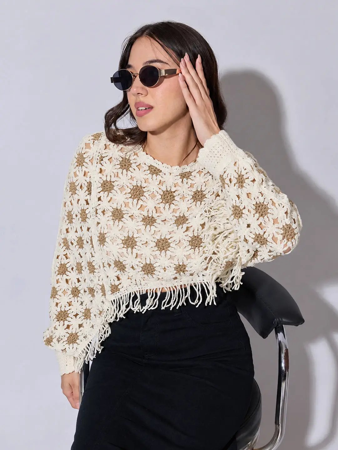 Women's Beige Crochet Crop Top with Fringe Hem
