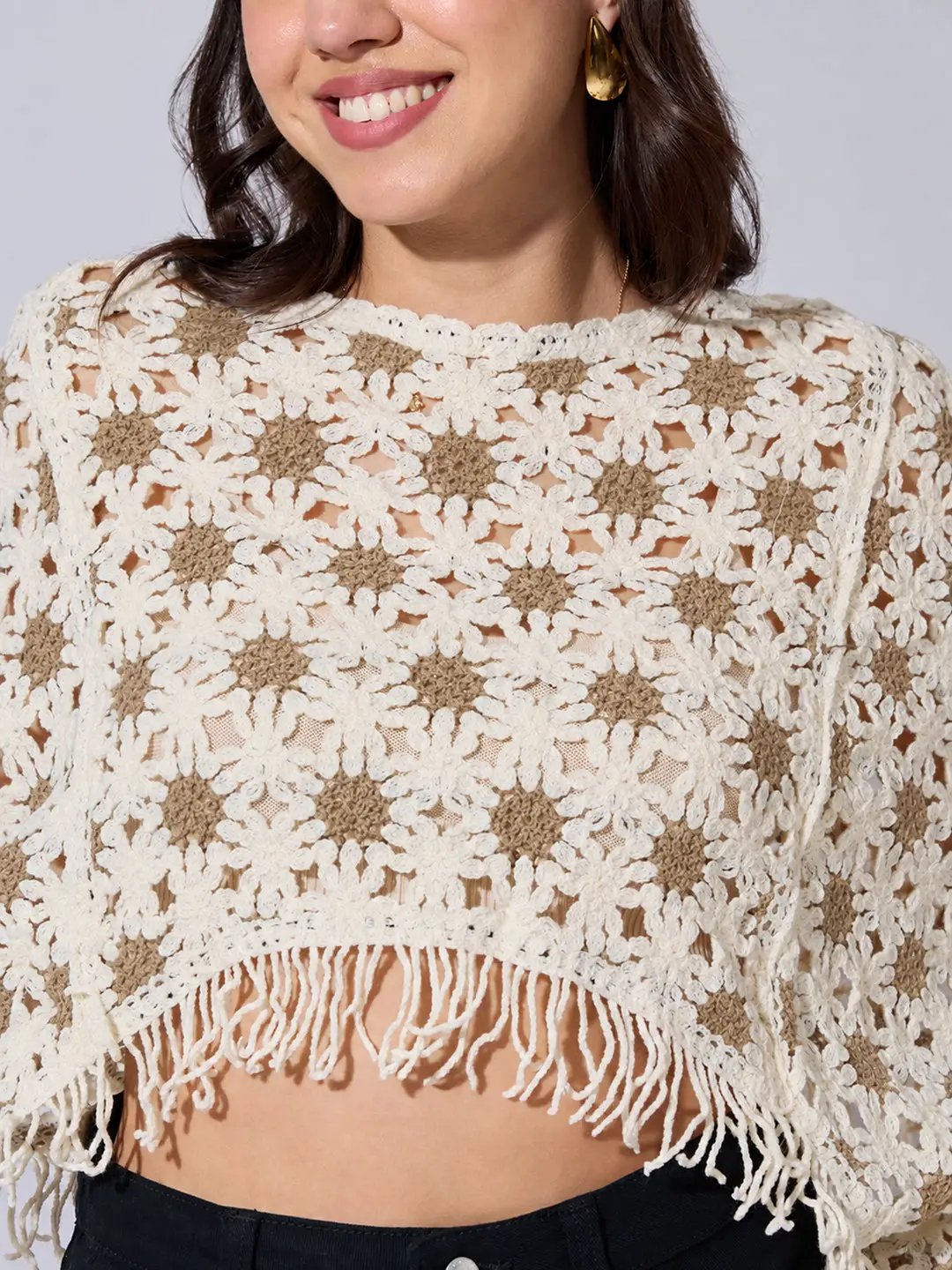 Women's Beige Crochet Crop Top with Fringe Hem