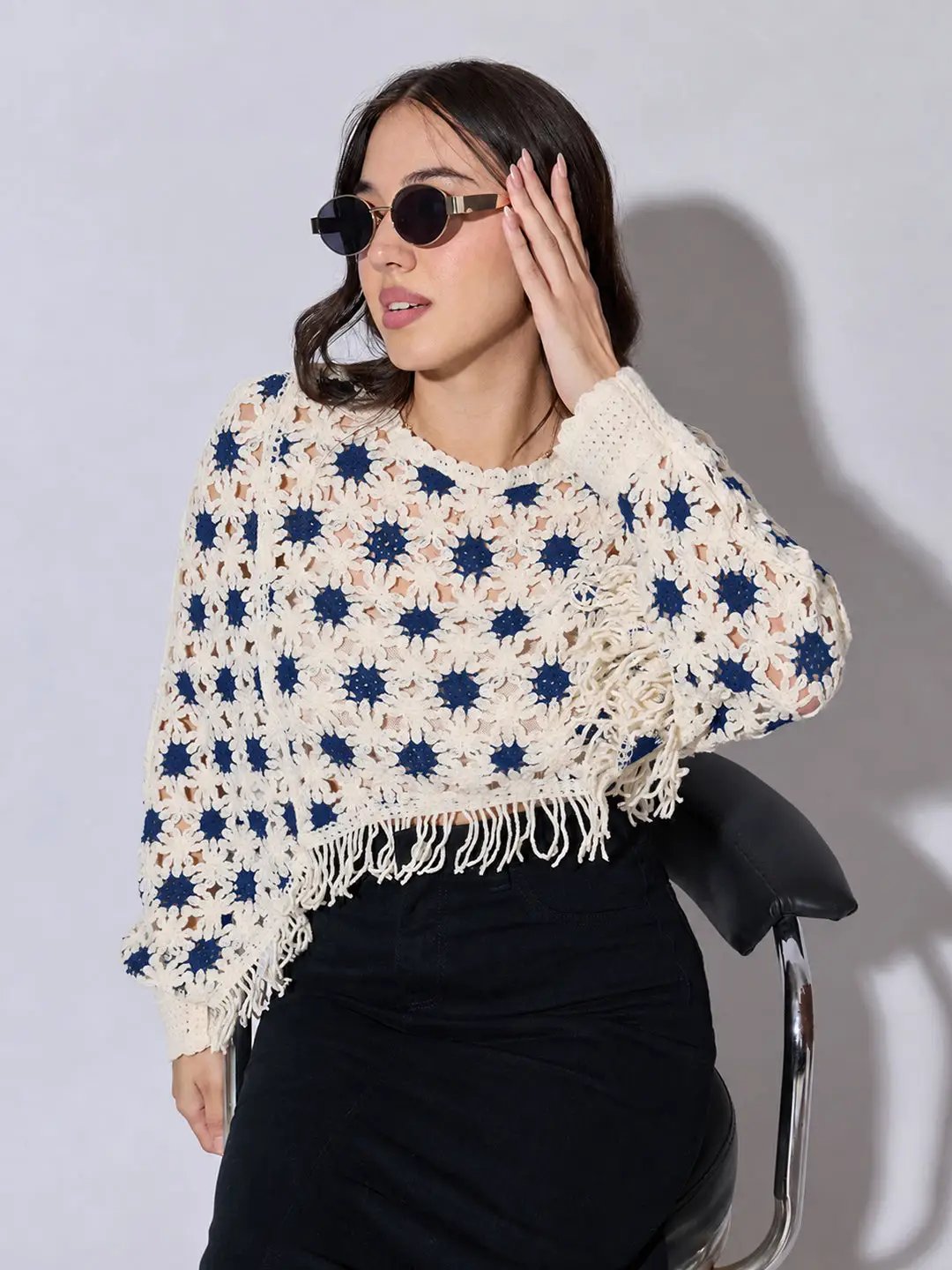 Women's Blue Crochet Crop Top with Fringe Hem