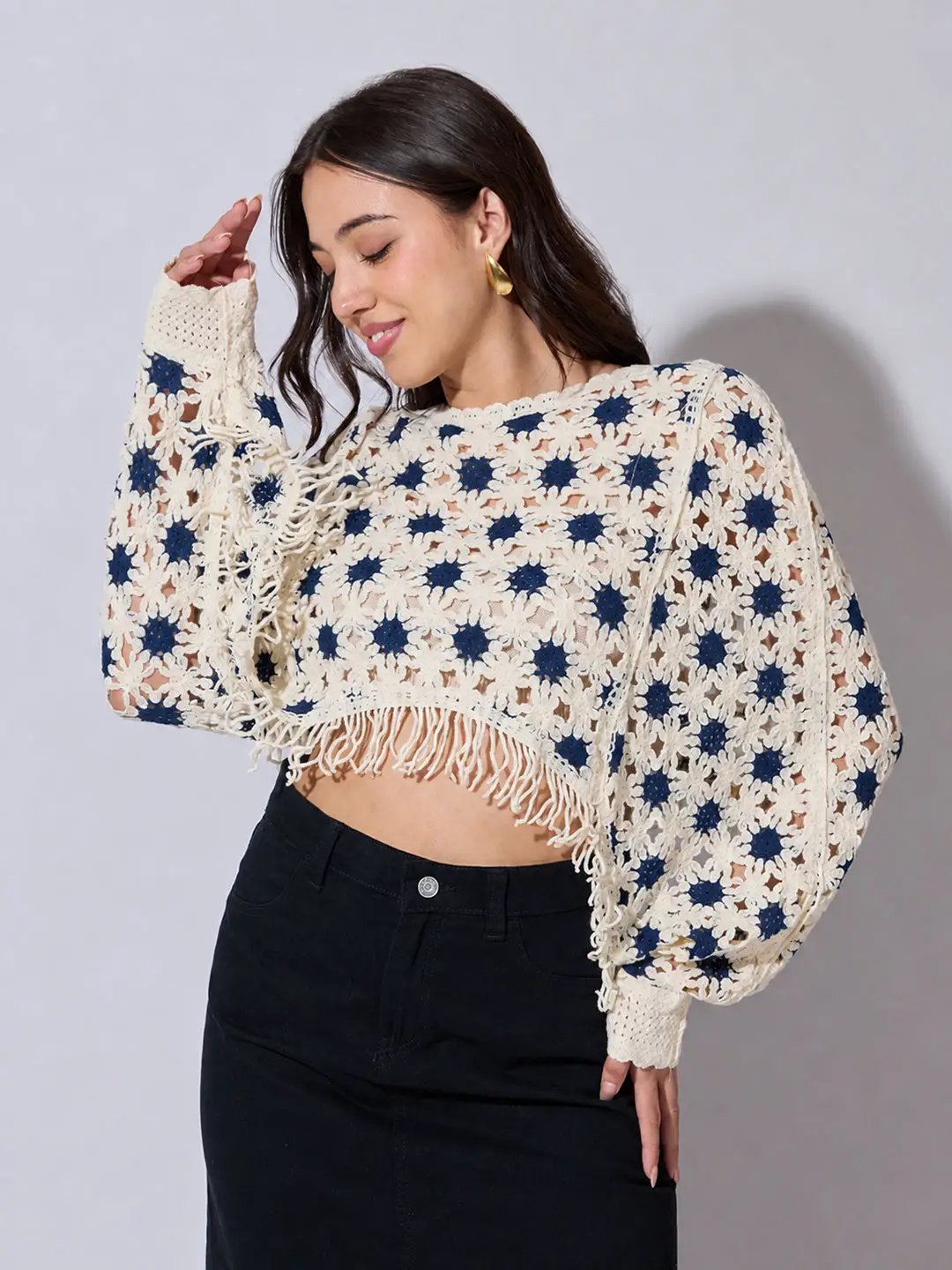 Women's Blue Crochet Crop Top with Fringe Hem