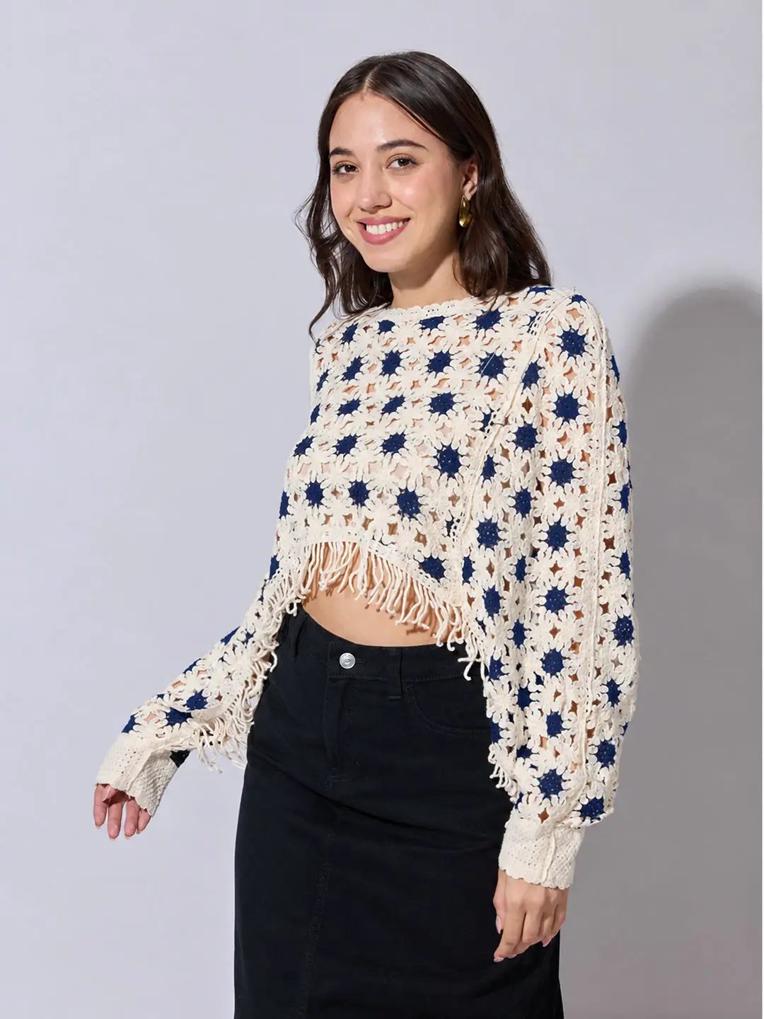 Women's Blue Crochet Crop Top with Fringe Hem