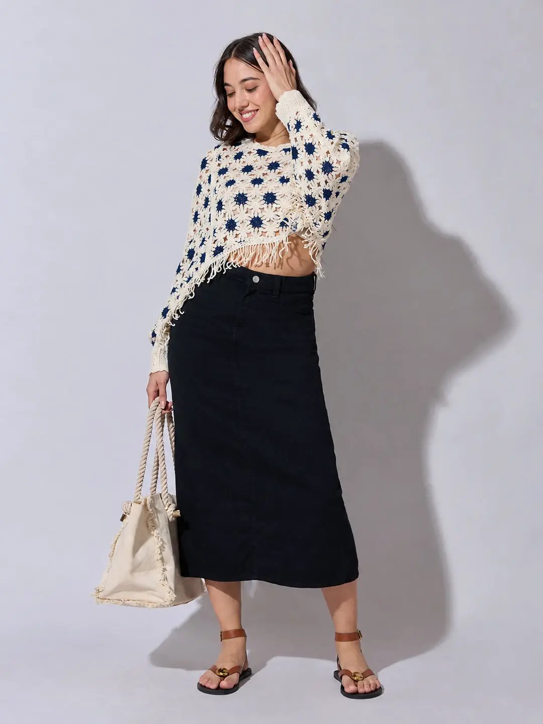 Women's Blue Crochet Crop Top with Fringe Hem