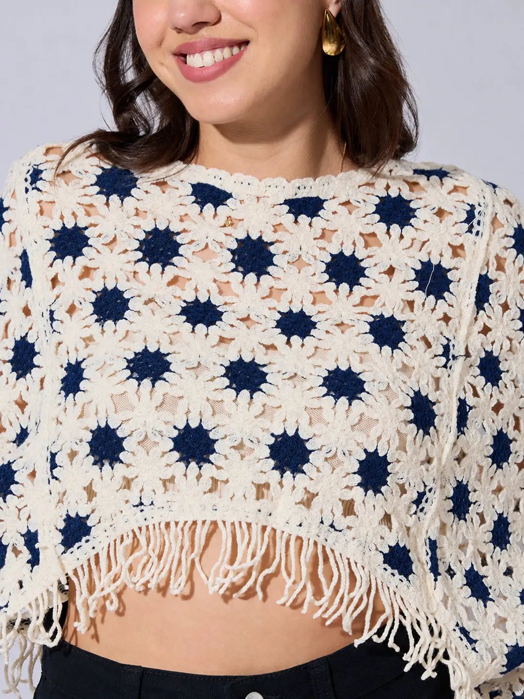 Women's Blue Crochet Crop Top with Fringe Hem