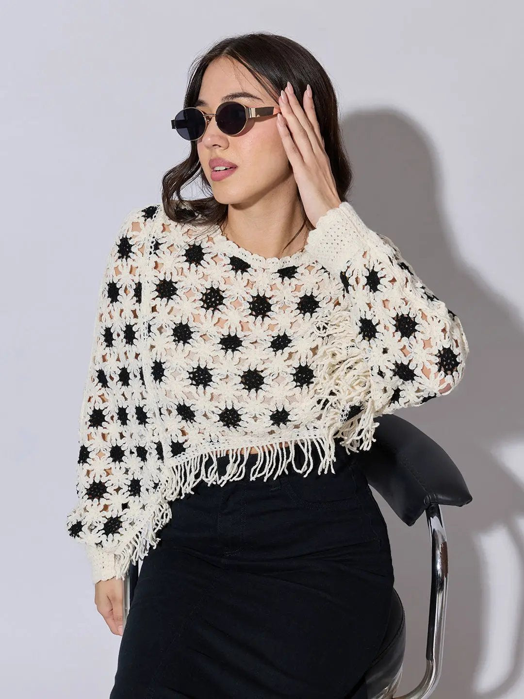 Women's Cream Crochet Crop Top with Fringe Hem - from SHOWOFFFF