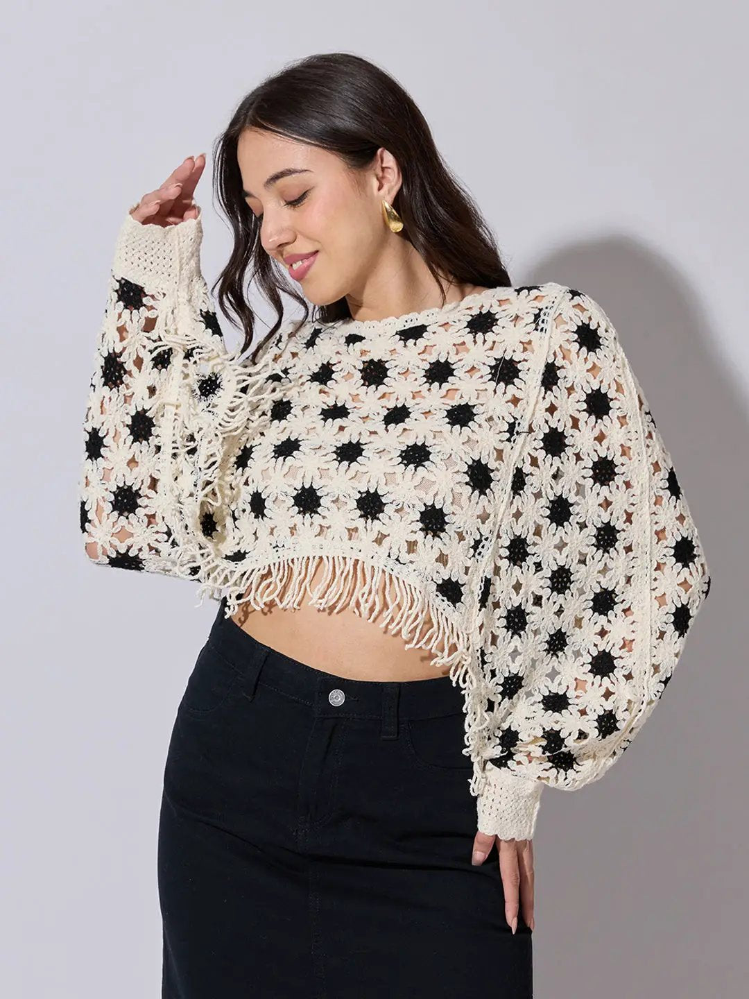 Women's Cream Crochet Crop Top with Fringe Hem - from SHOWOFFFF