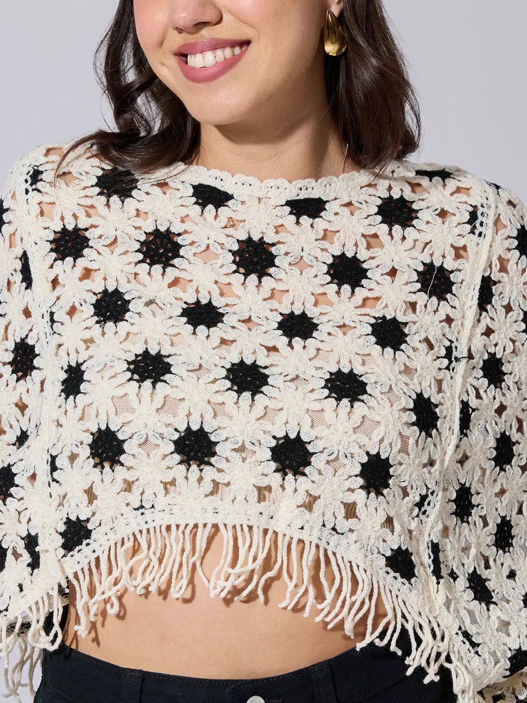 Women's Cream Crochet Crop Top with Fringe Hem - from SHOWOFFFF