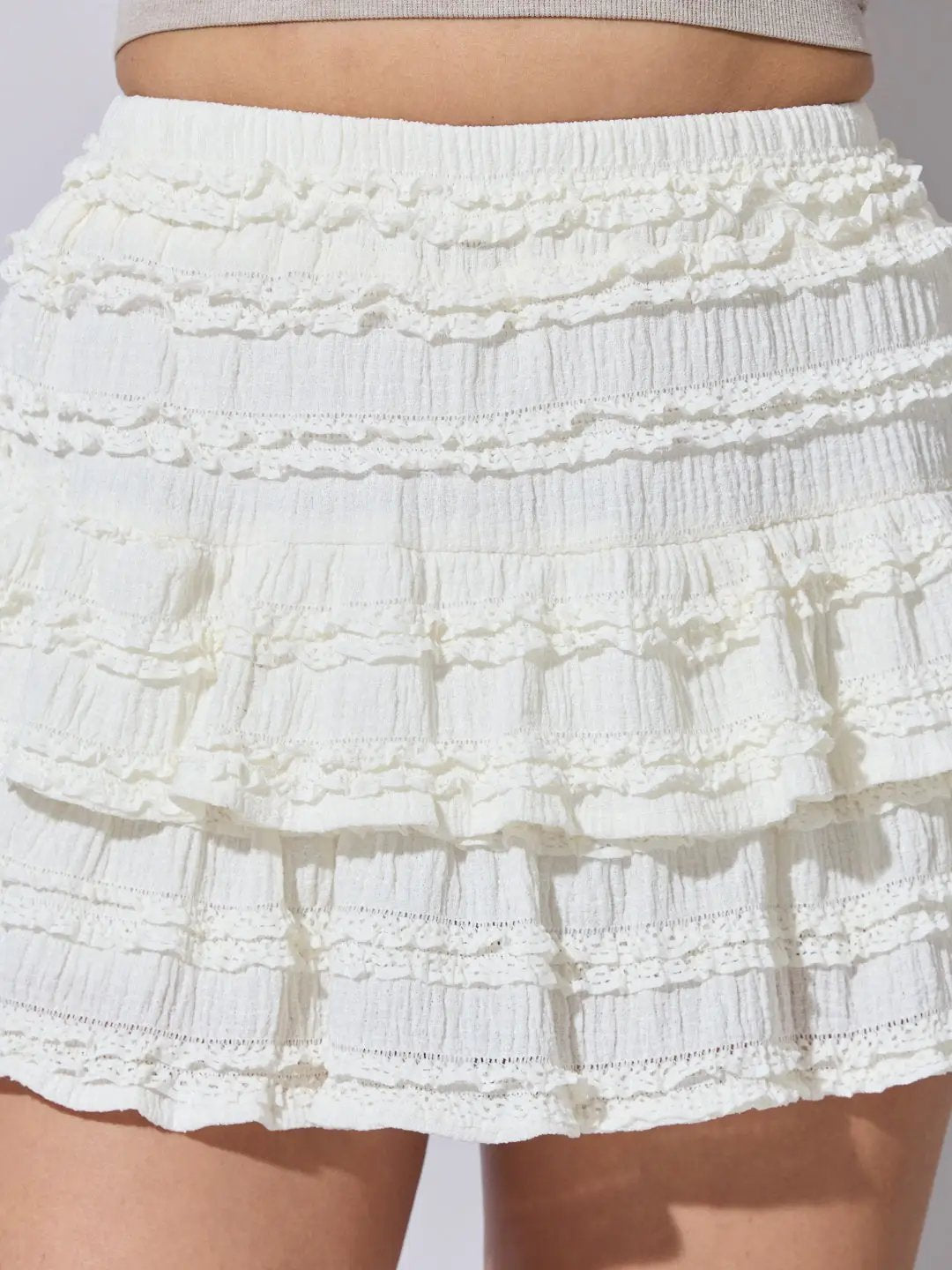 Women's Textured Cream Tiered Ruffle Mini Skort - from SHOWOFFFF