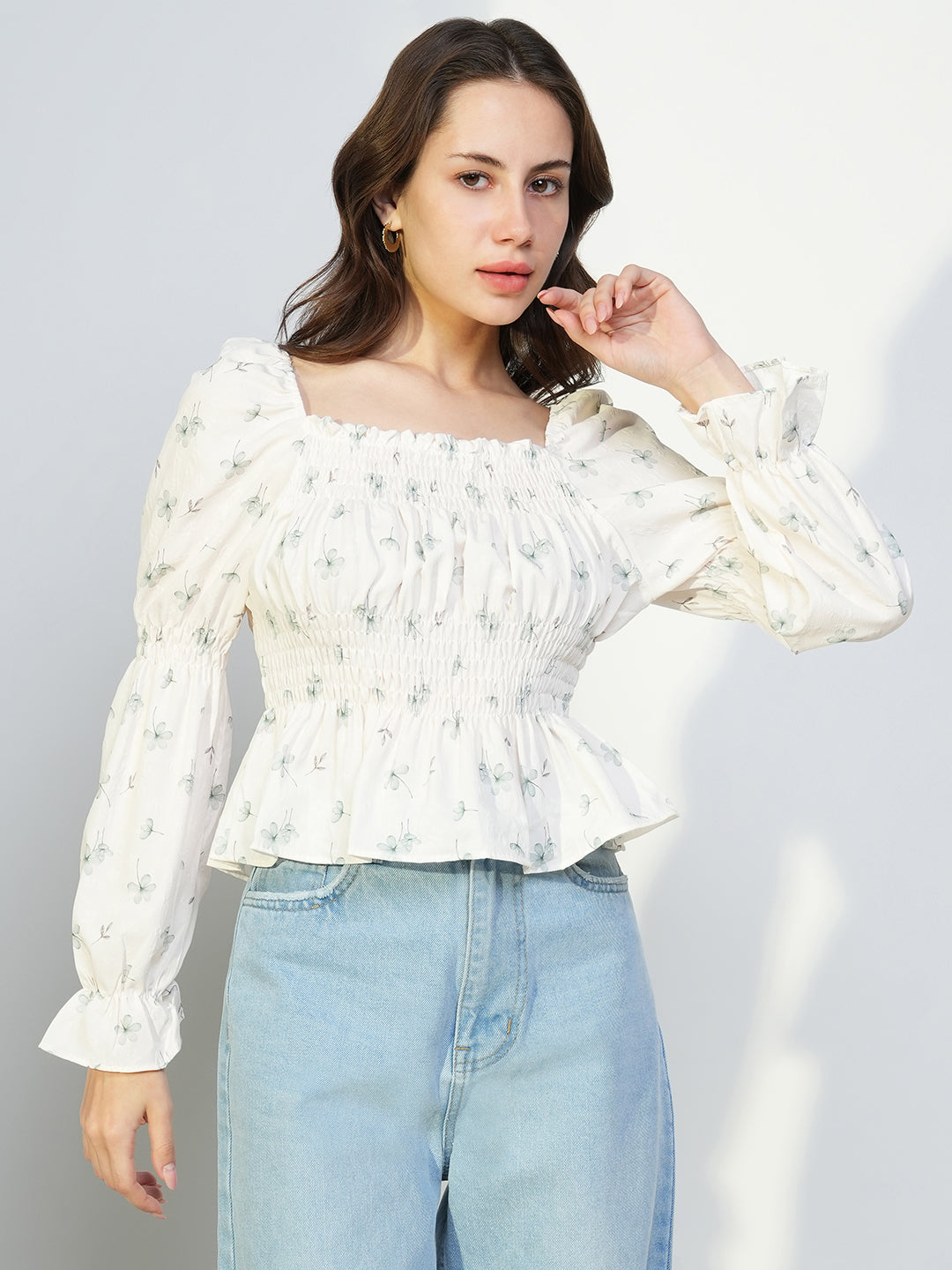 Women Cream Floral Peplum Top