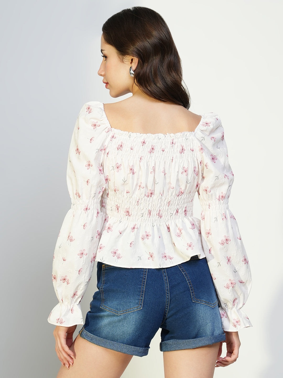 Women Off White Floral Peplum Top