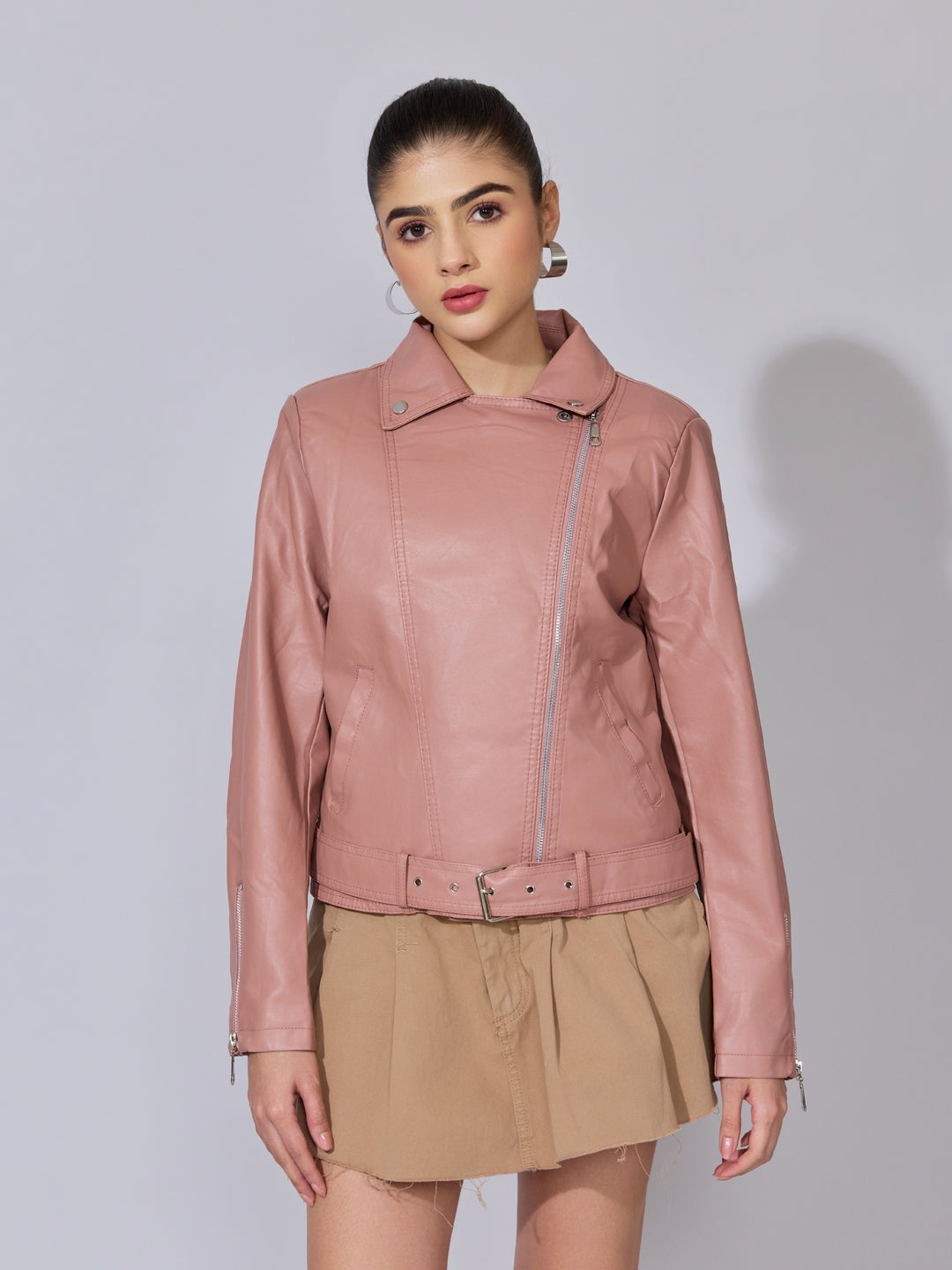 Women's Pink Faux Leather Biker Jacket with Asymmetric Zip