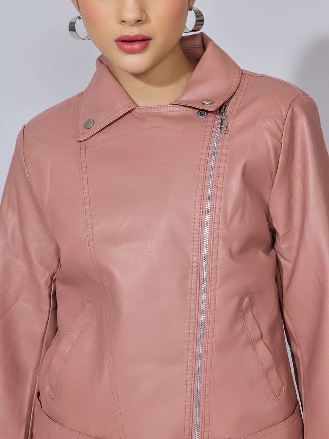 Women's Pink Faux Leather Biker Jacket with Asymmetric Zip