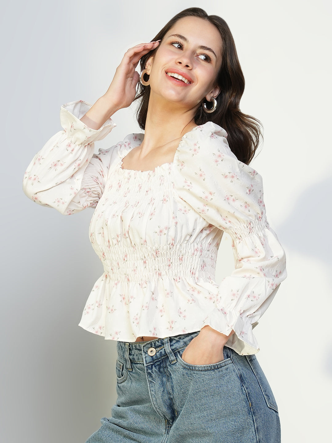 Women Cream Floral Peplum Top