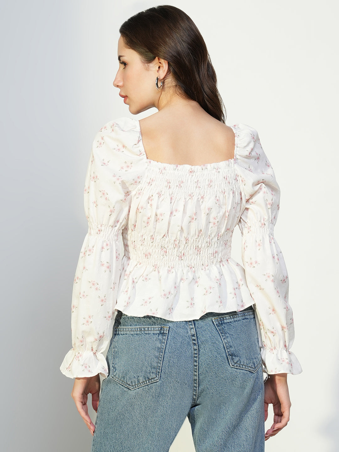 Women Cream Floral Peplum Top