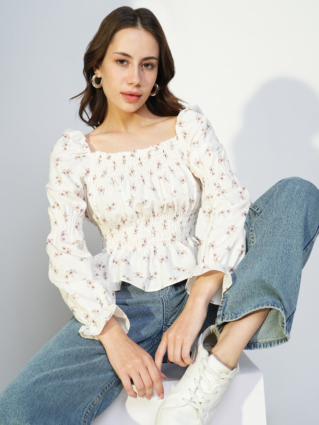 Women Off White Floral Peplum Top