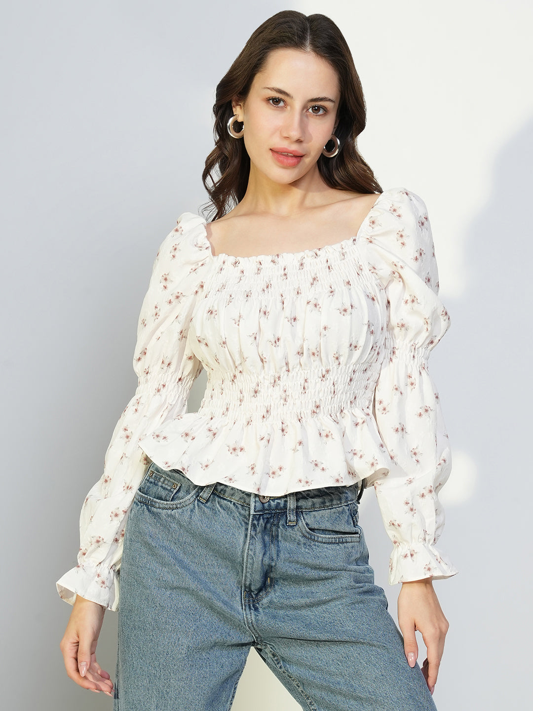 Women Off White Floral Peplum Top