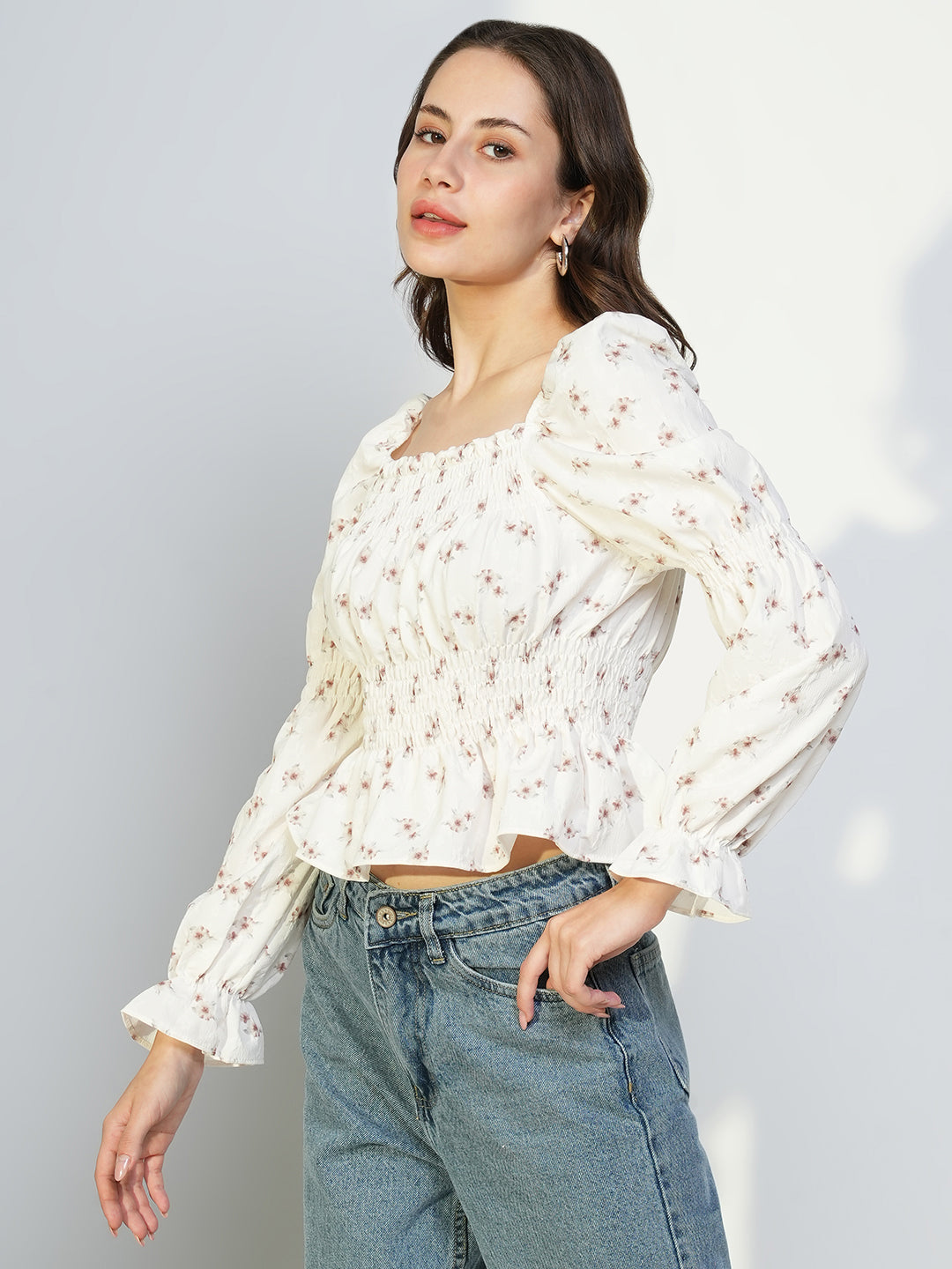 Women Off White Floral Peplum Top