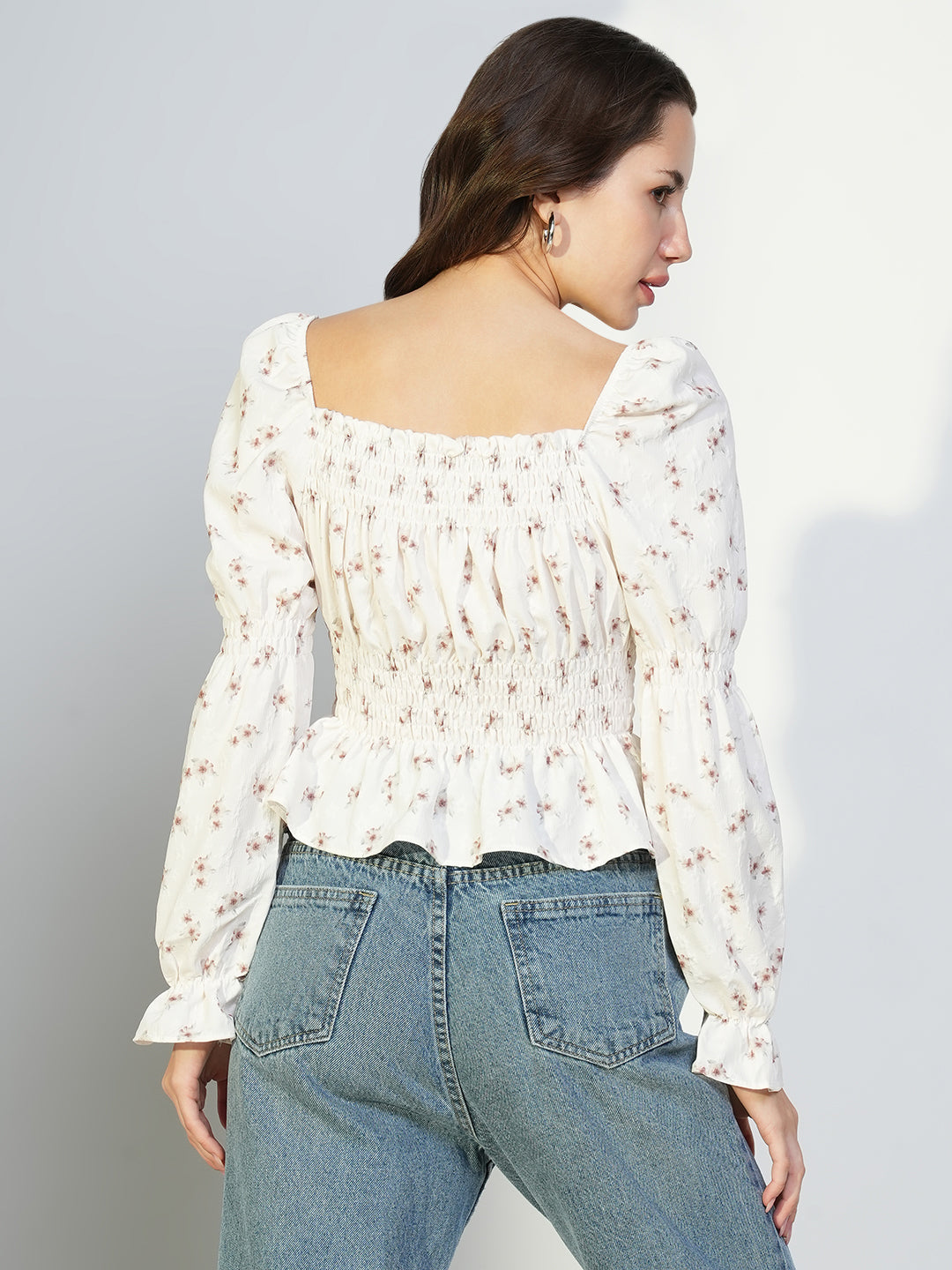 Women Off White Floral Peplum Top