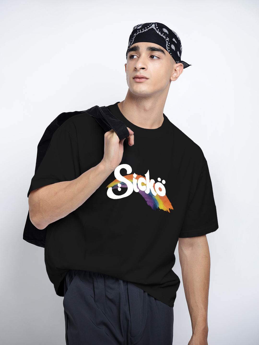 Men's Typography Black Short Sleeves Round Neck Oversized T-Shirt