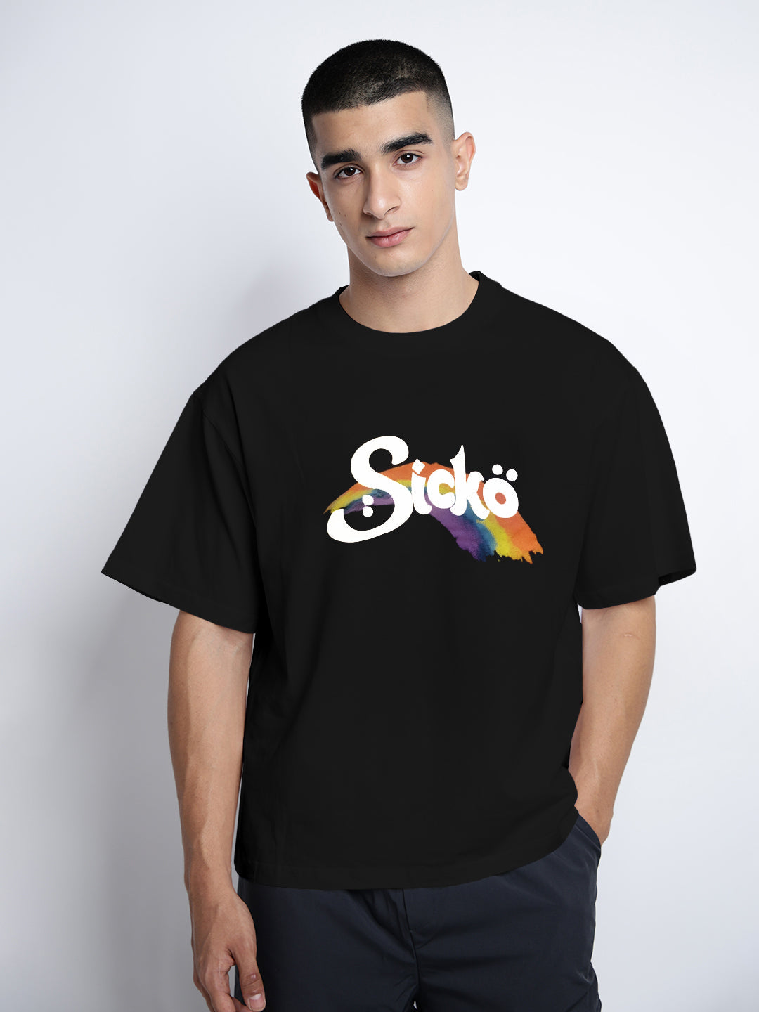 Men's Typography Black Short Sleeves Round Neck Oversized T-Shirt