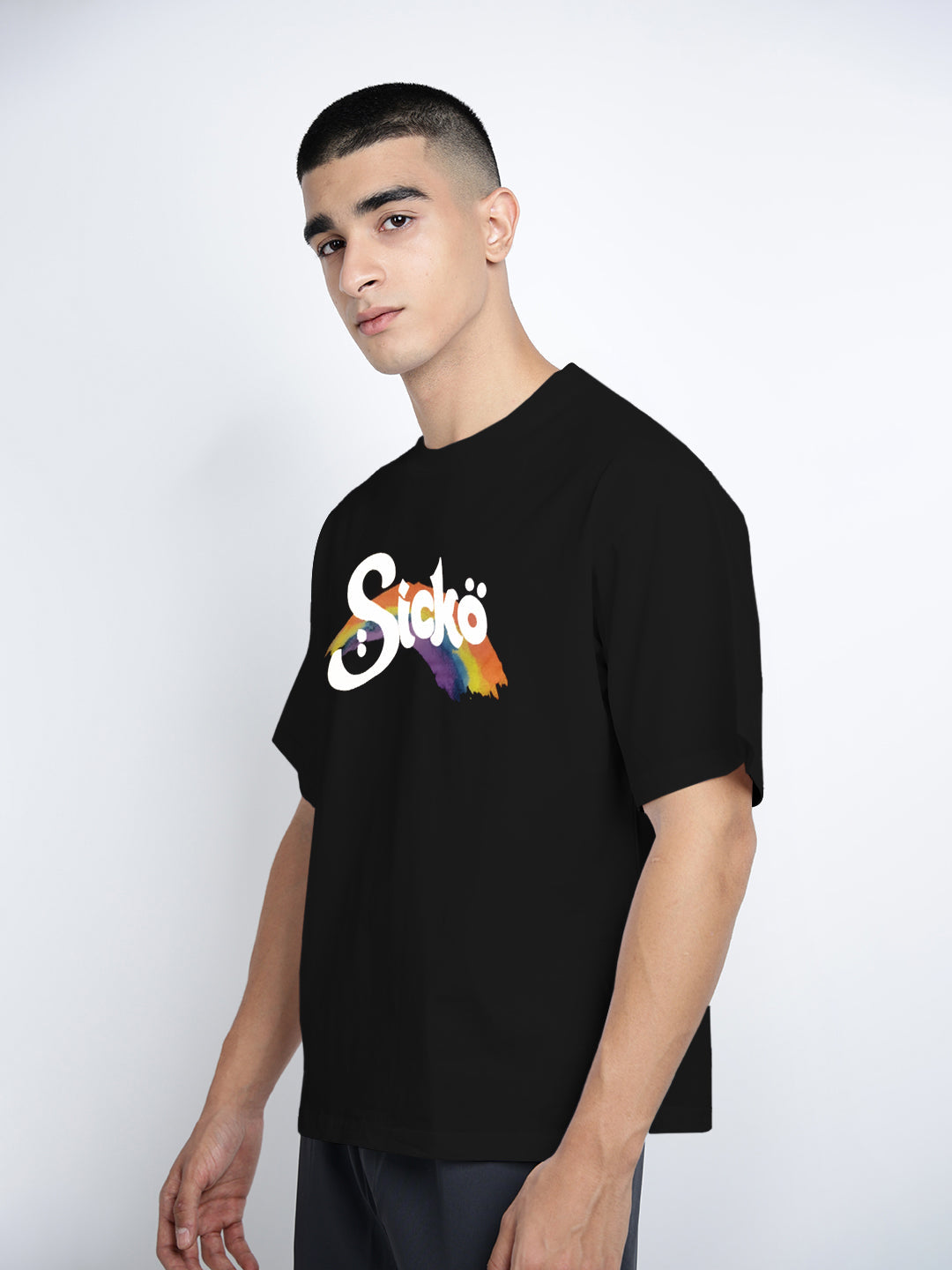 Men's Typography Black Short Sleeves Round Neck Oversized T-Shirt