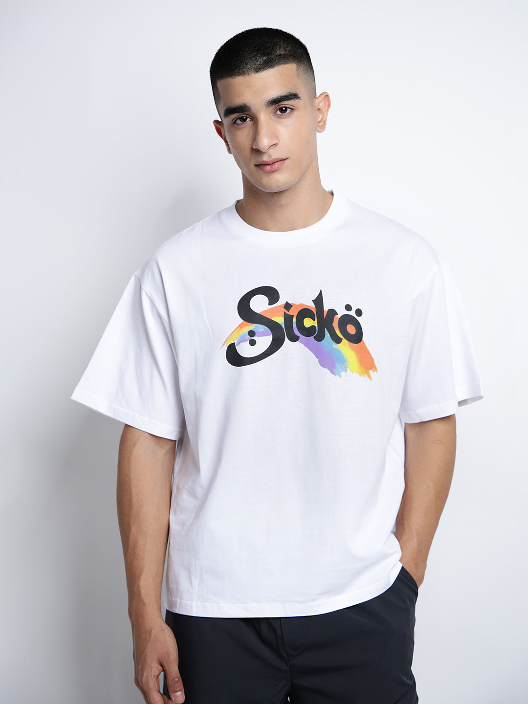 Men's Typography White Short Sleeves Round Neck Oversized T-Shirt