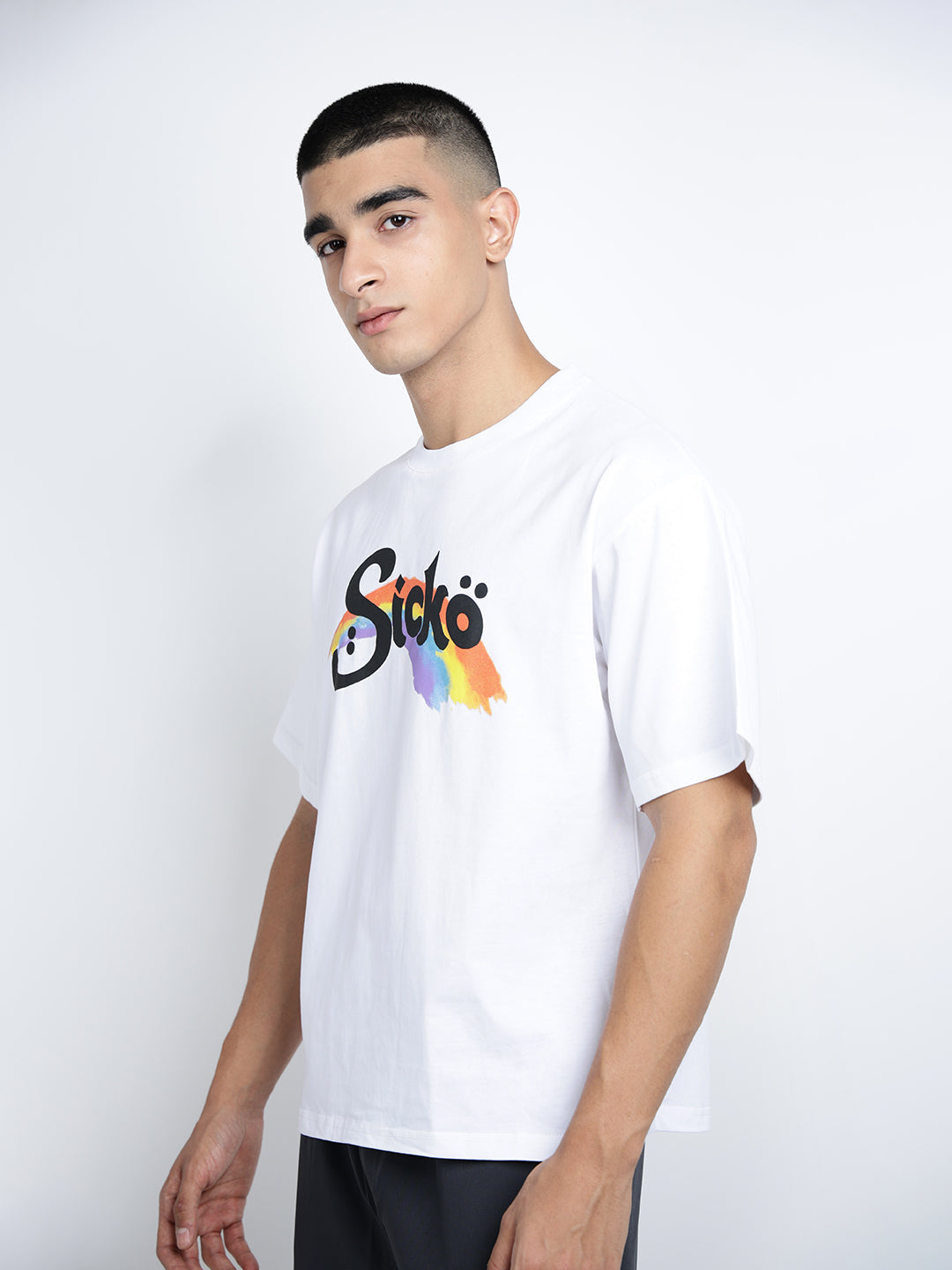 Men's Typography White Short Sleeves Round Neck Oversized T-Shirt