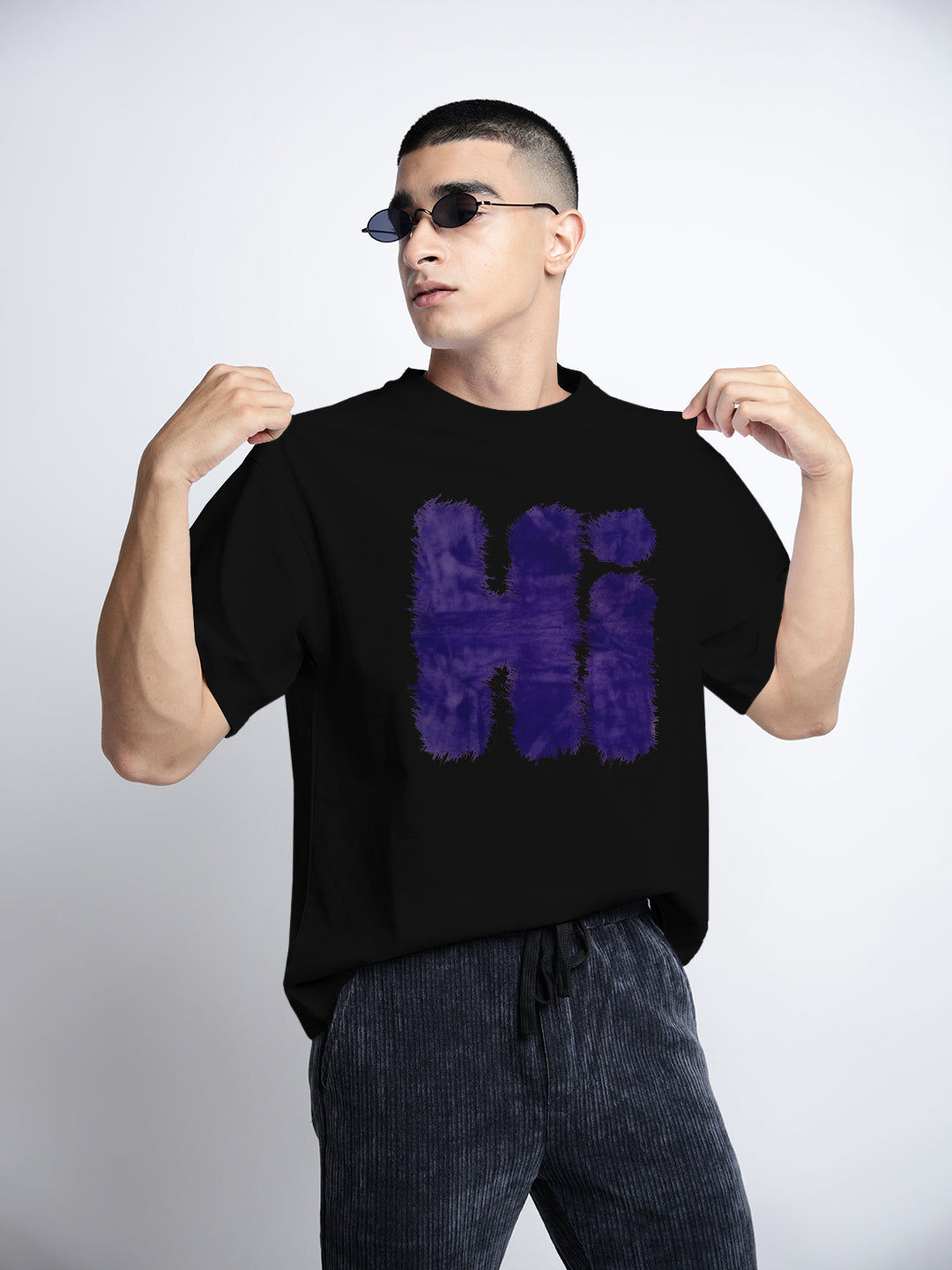 Men's Typography Black Short Sleeves Round Neck Oversized T-Shirt