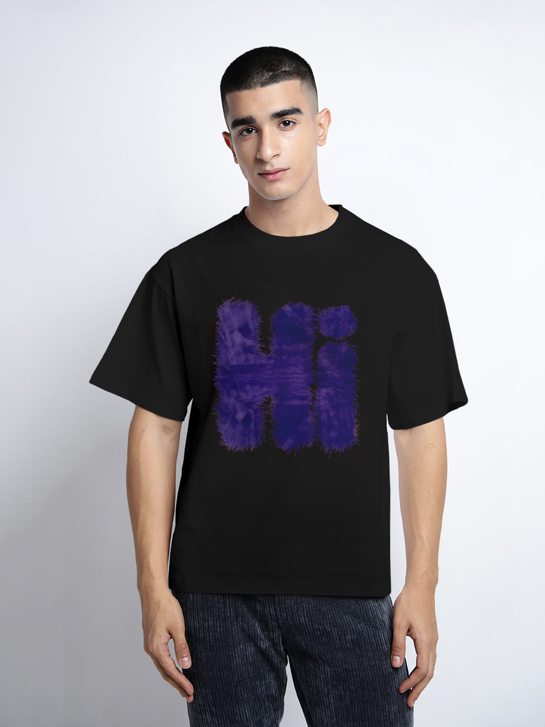 Men's Typography Black Short Sleeves Round Neck Oversized T-Shirt