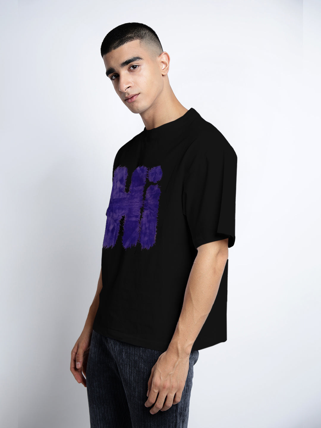 Men's Typography Black Short Sleeves Round Neck Oversized T-Shirt