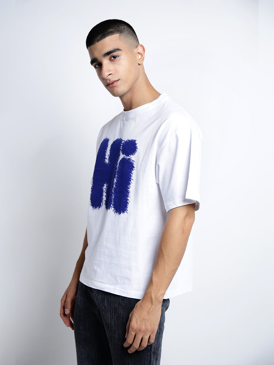 Men's Typography White Short Sleeves Round Neck Oversized T-Shirt