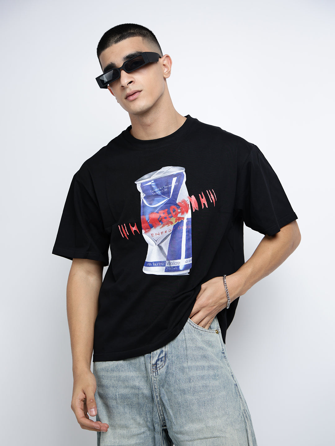 Men's Graphic Print Black Short Sleeves Round Neck Oversized T-Shirt