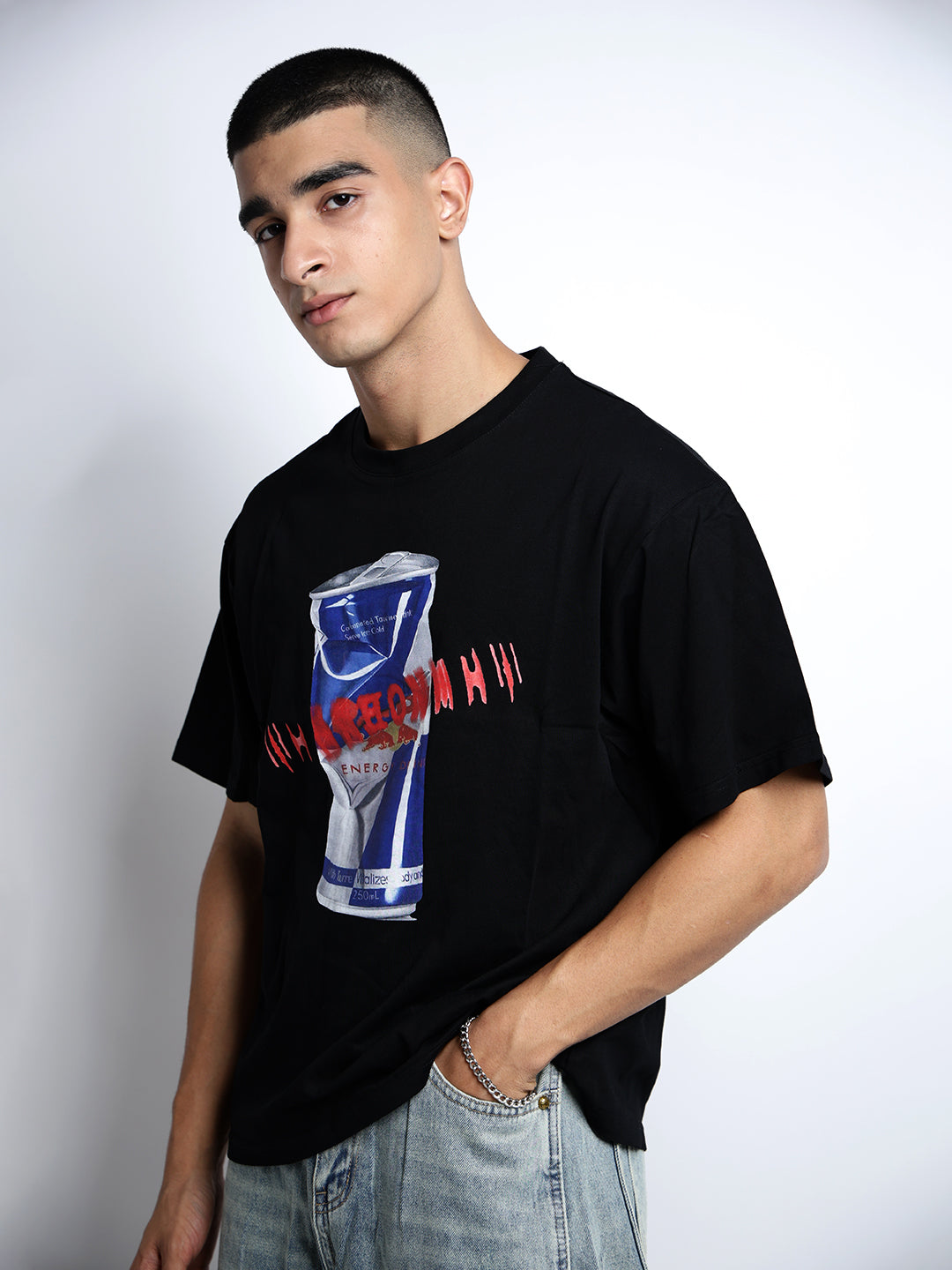 Men's Graphic Print Black Short Sleeves Round Neck Oversized T-Shirt