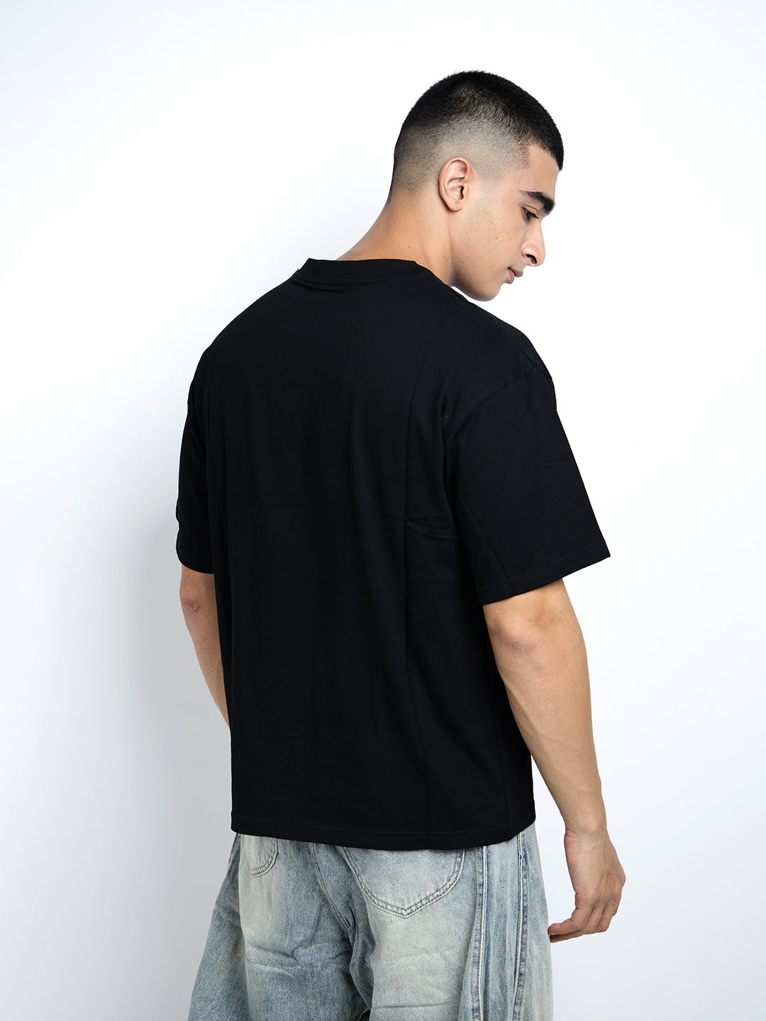 Men's Graphic Print Black Short Sleeves Round Neck Oversized T-Shirt