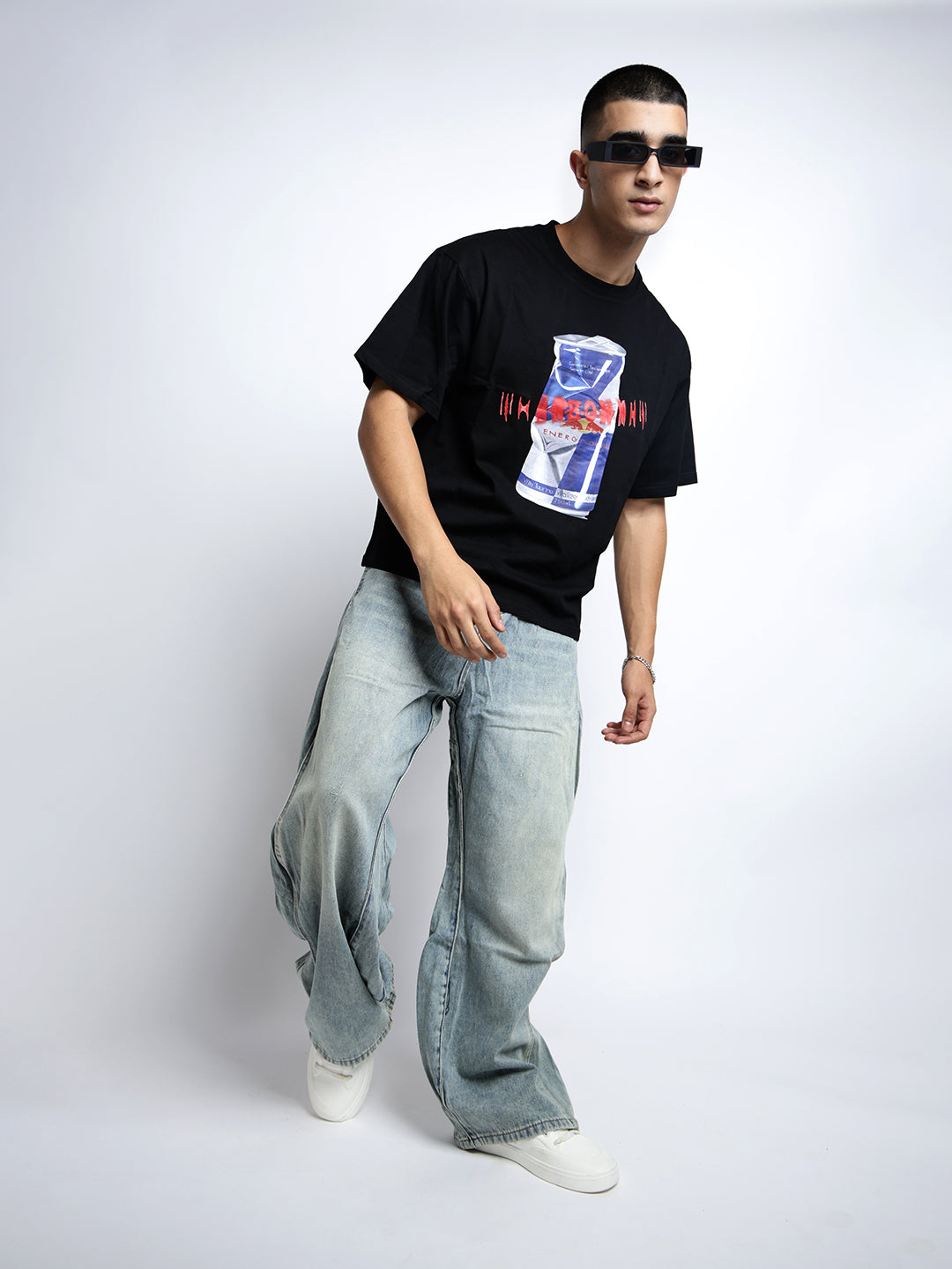 Men's Graphic Print Black Short Sleeves Round Neck Oversized T-Shirt