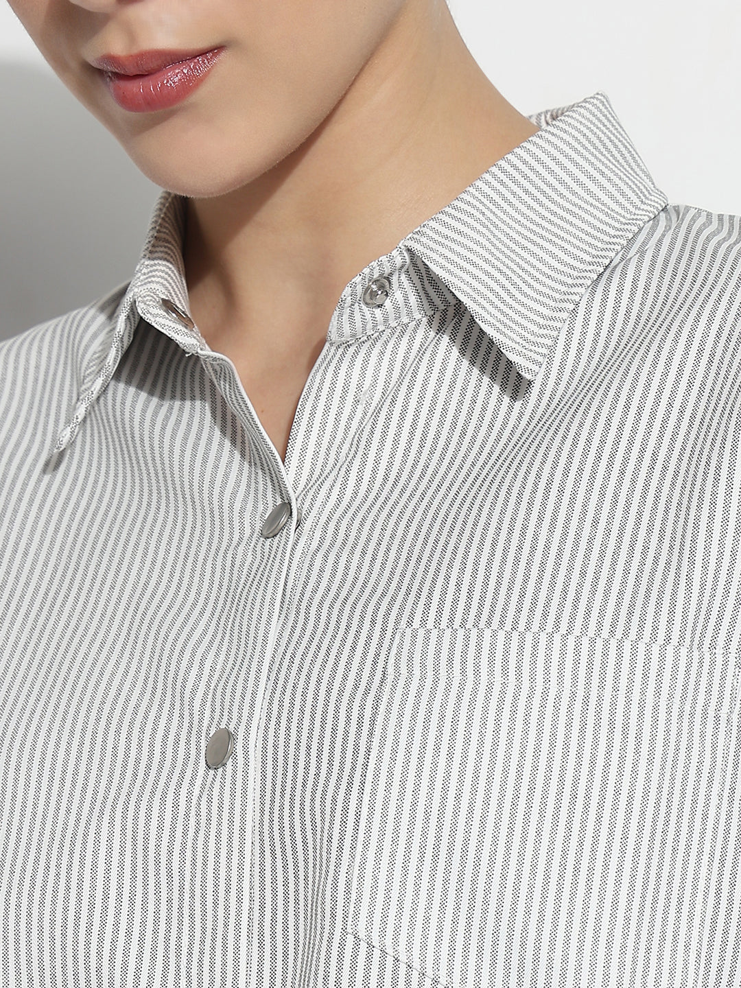 Women's Pinstripes Grey Shirt Style Top with Tie-Up Hem