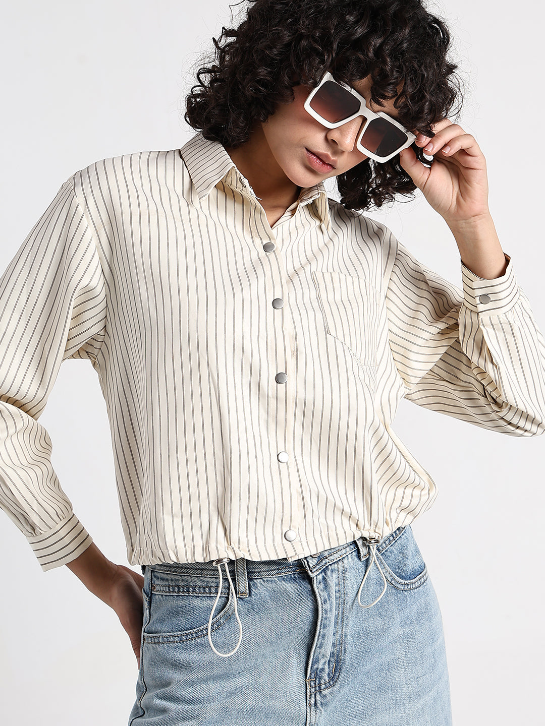 Women's Pinstripes Cream Shirt Style Top with Toggle Hem
