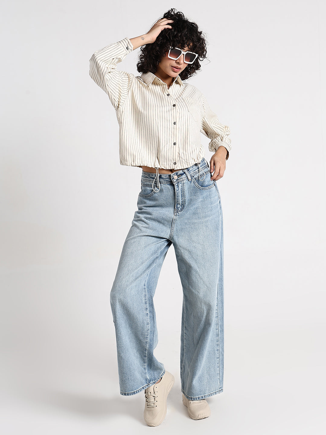 Women's Pinstripes Cream Shirt Style Top with Toggle Hem