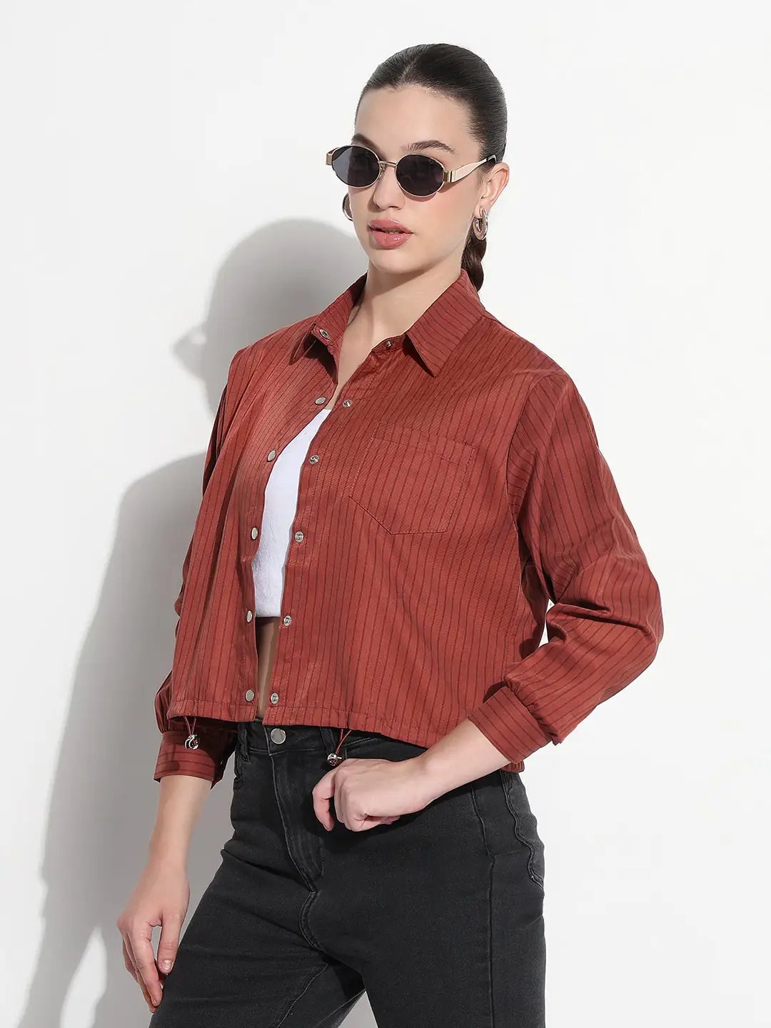 Women's Pinstripes Rust Shirt Style Top with Toggle Hem - from SHOWOFFFF
