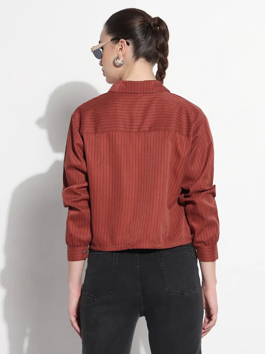 Women's Pinstripes Rust Shirt Style Top with Toggle Hem - from SHOWOFFFF