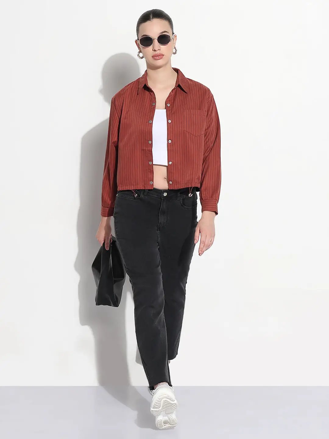 Women's Pinstripes Rust Shirt Style Top with Toggle Hem - from SHOWOFFFF