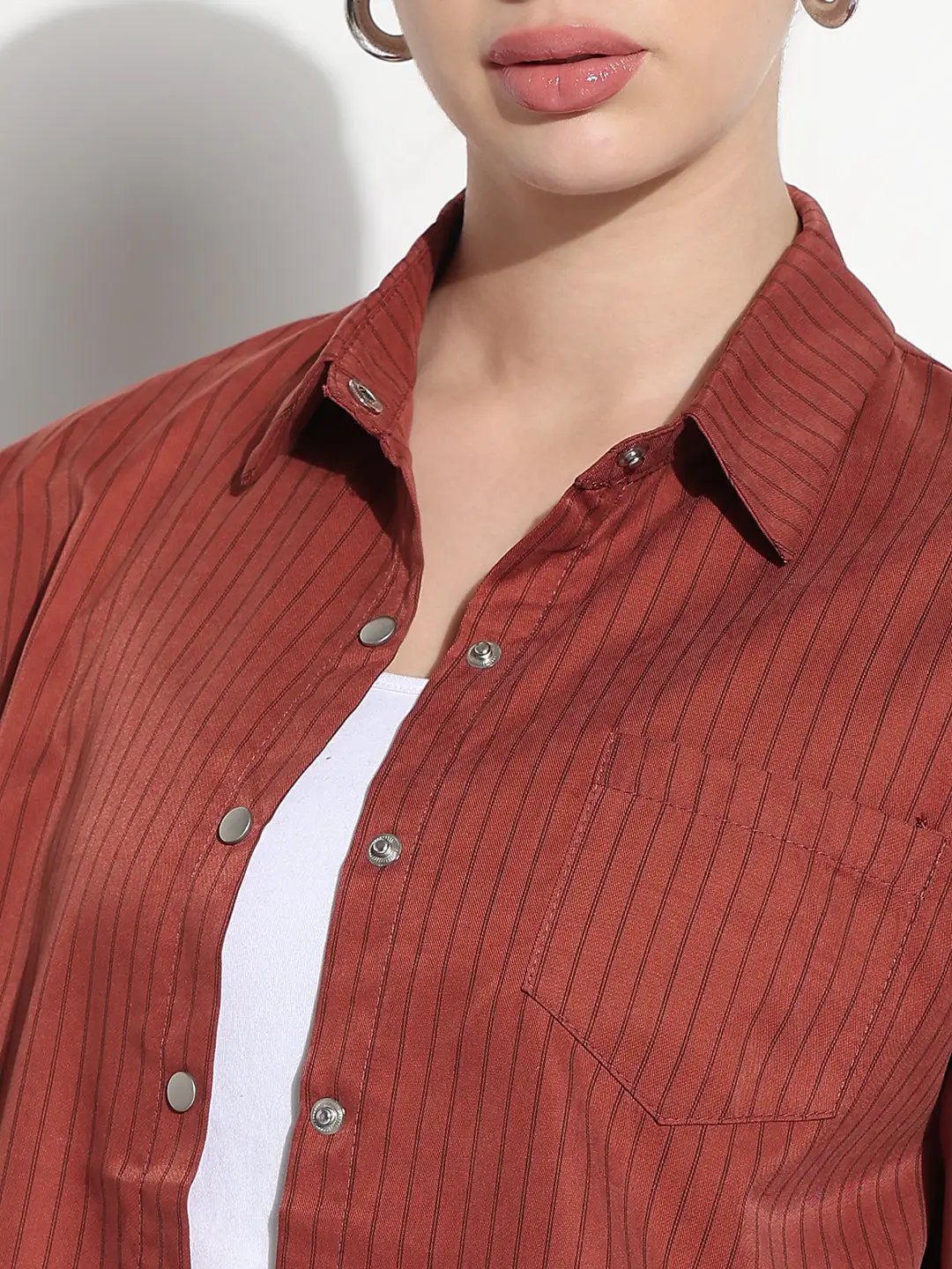Women's Pinstripes Rust Shirt Style Top with Toggle Hem - from SHOWOFFFF