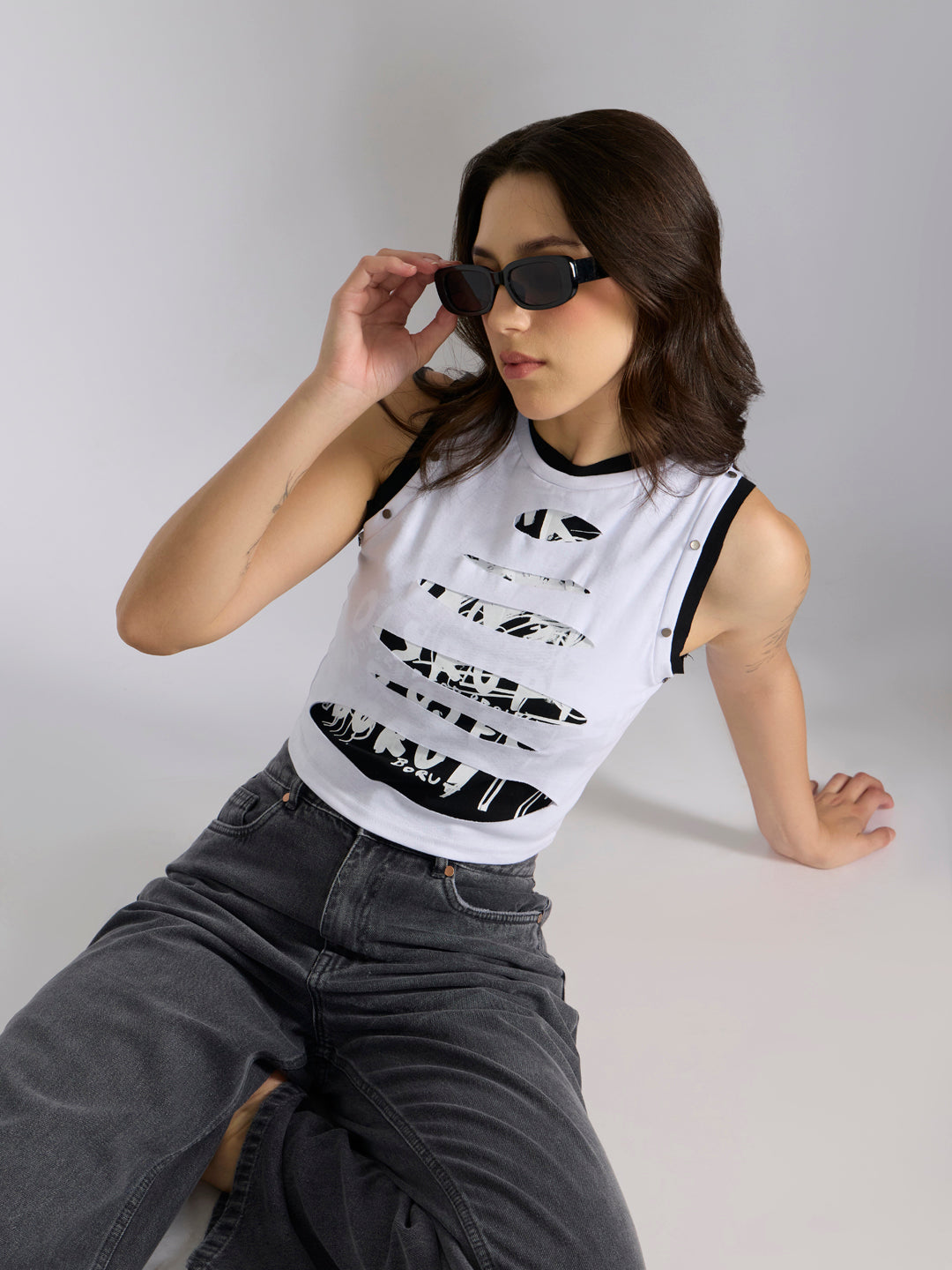 Women’s White Distressed Crop Tank Top