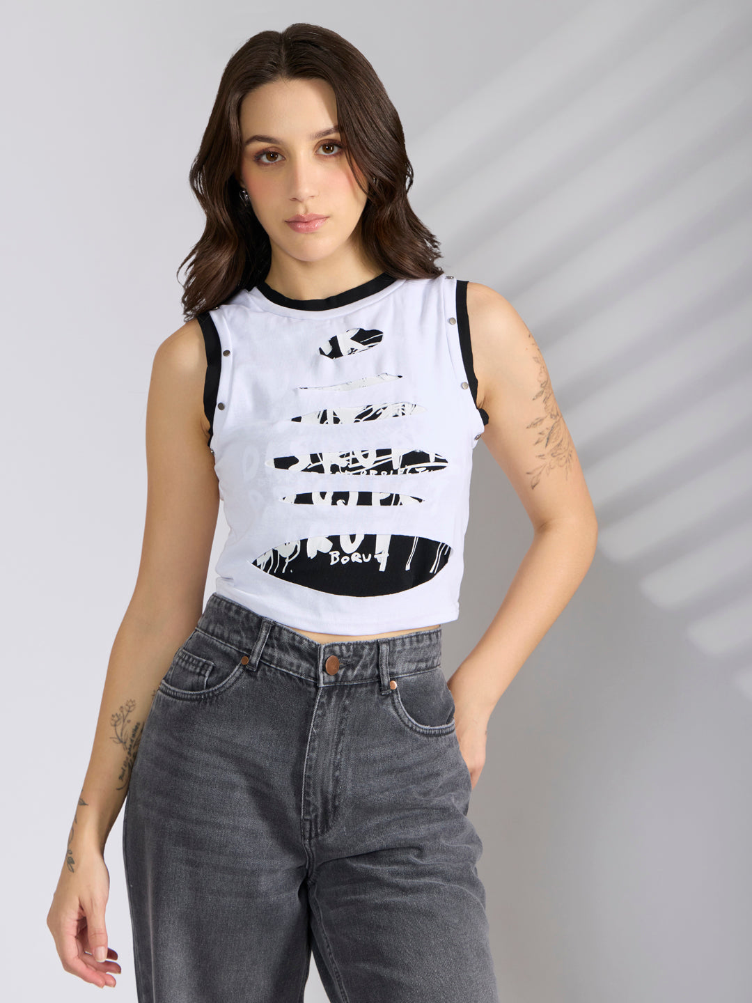 Women’s White Distressed Crop Tank Top
