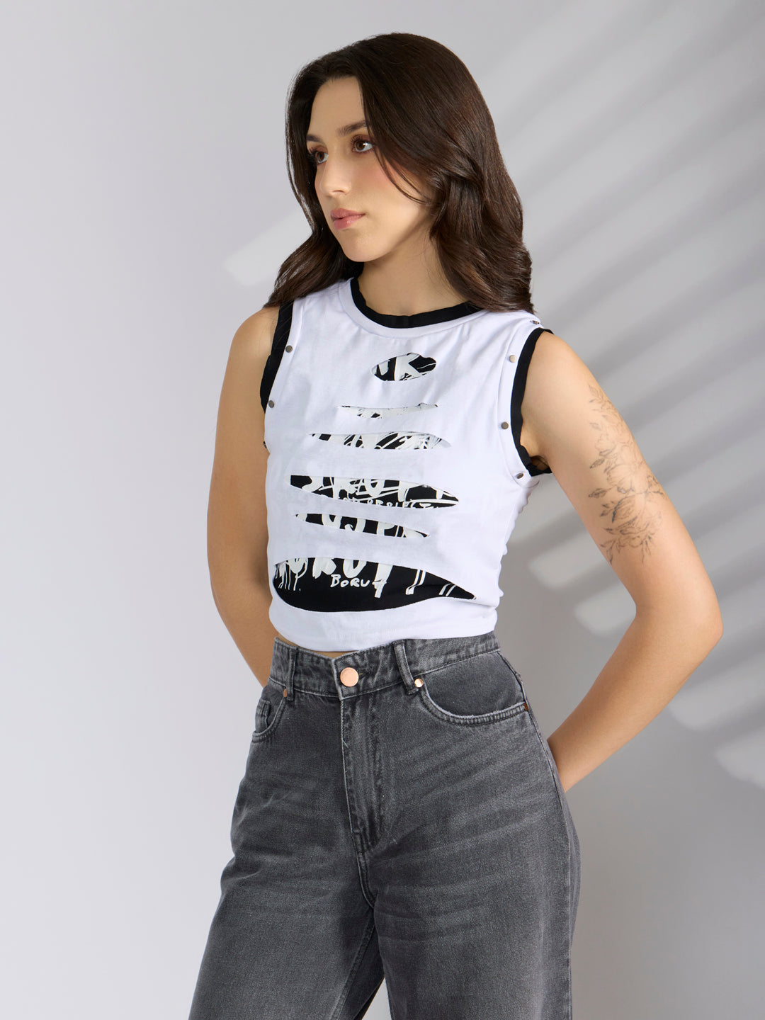 Women’s White Distressed Crop Tank Top