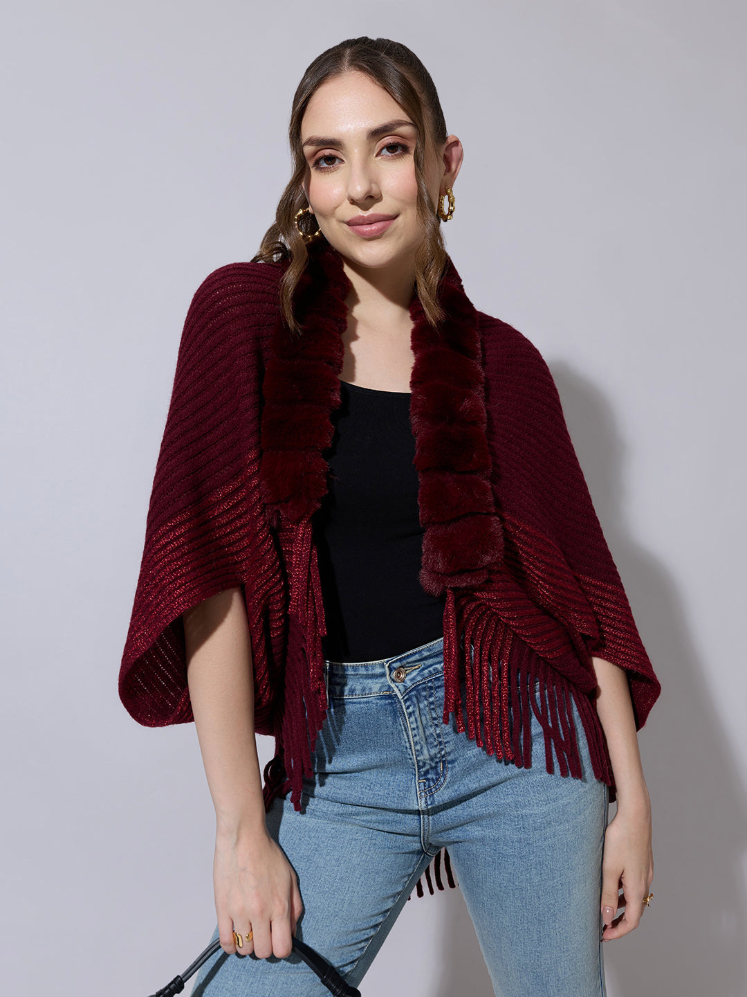 Women's Ribbed Maroon Poncho with Faux Fur Trim