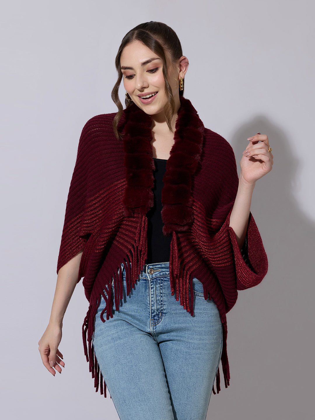 Women's Ribbed Maroon Poncho with Faux Fur Trim