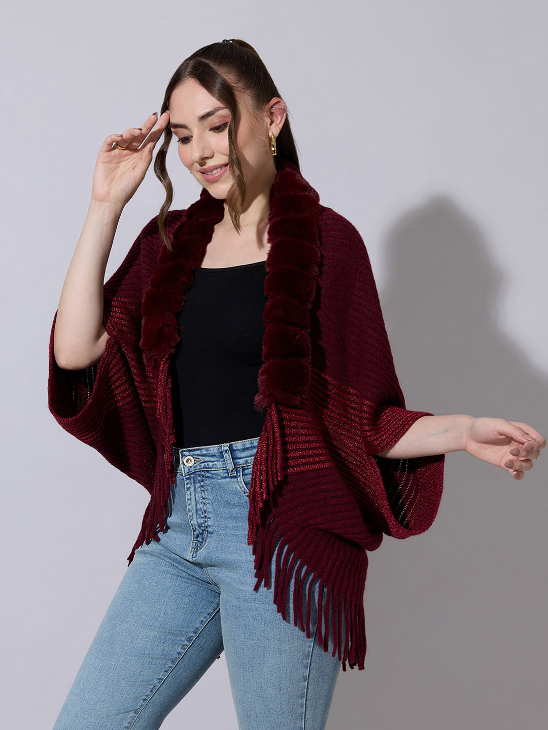 Women's Ribbed Maroon Poncho with Faux Fur Trim