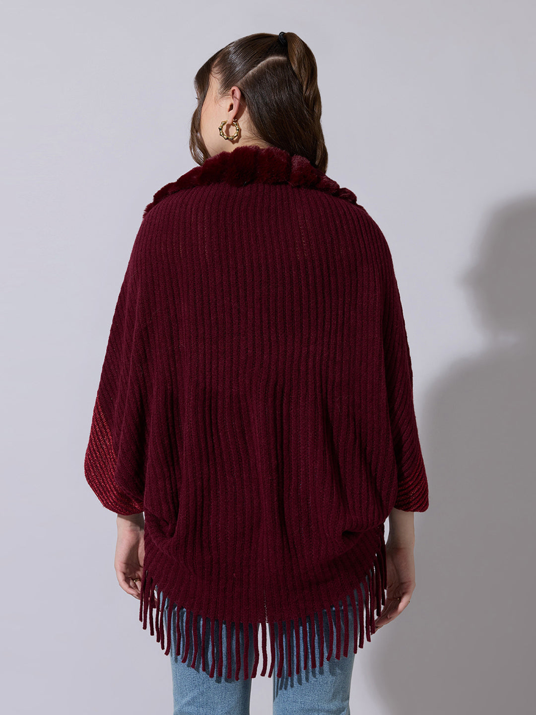 Women's Ribbed Maroon Poncho with Faux Fur Trim